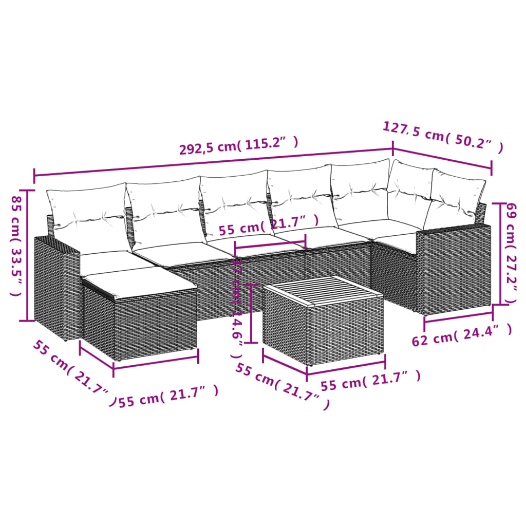 Set Divano da Giardino 8 pz con Cuscini Grigio in Polyrattan