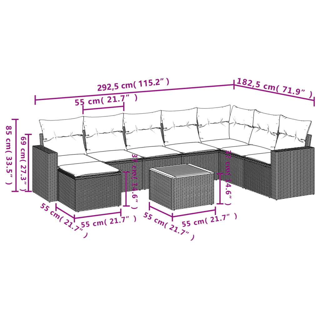 Set Divano da Giardino 9 pz con Cuscini Grigio in Polyrattan