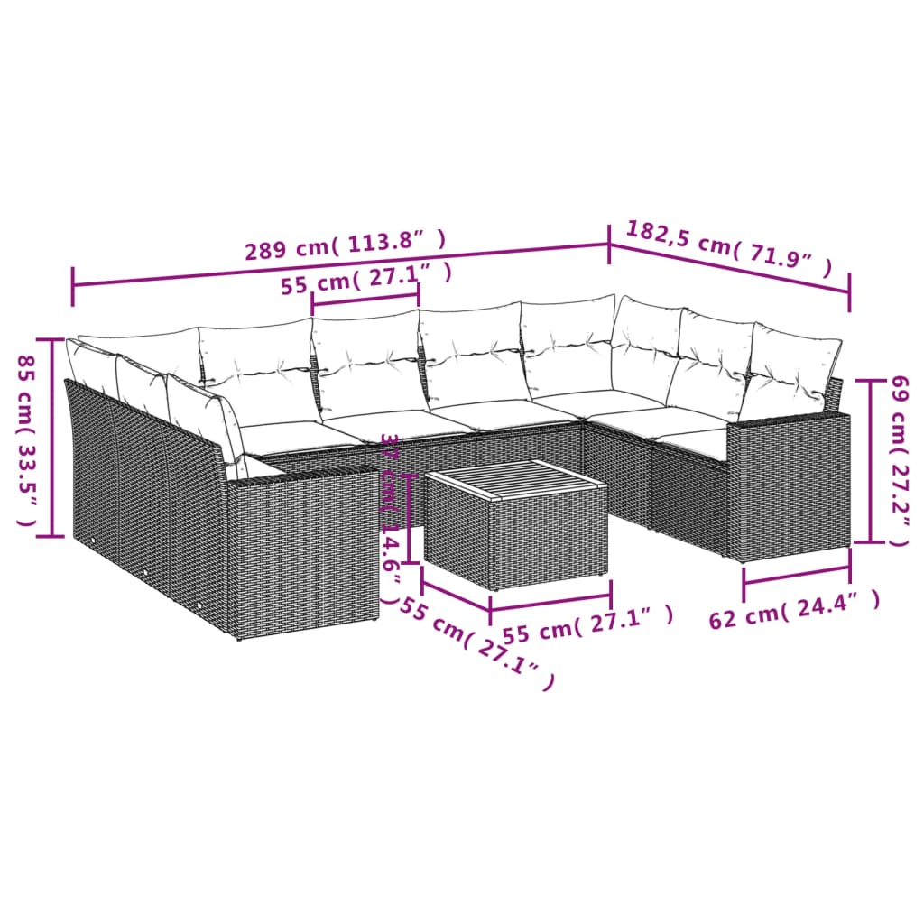 Set Divani da Giardino 10pz con Cuscini in Polyrattan Nero