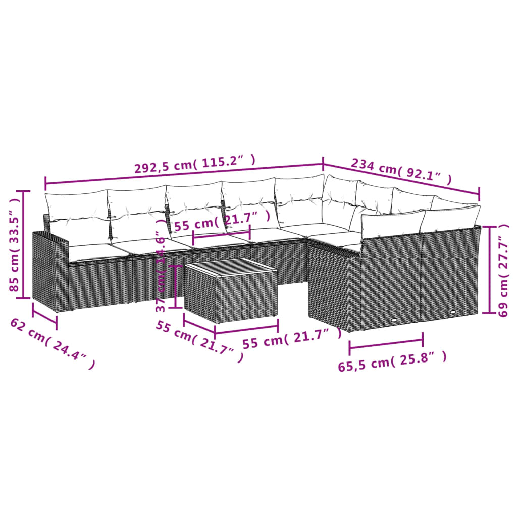 Set Divani da Giardino 10pz con Cuscini in Polyrattan Nero