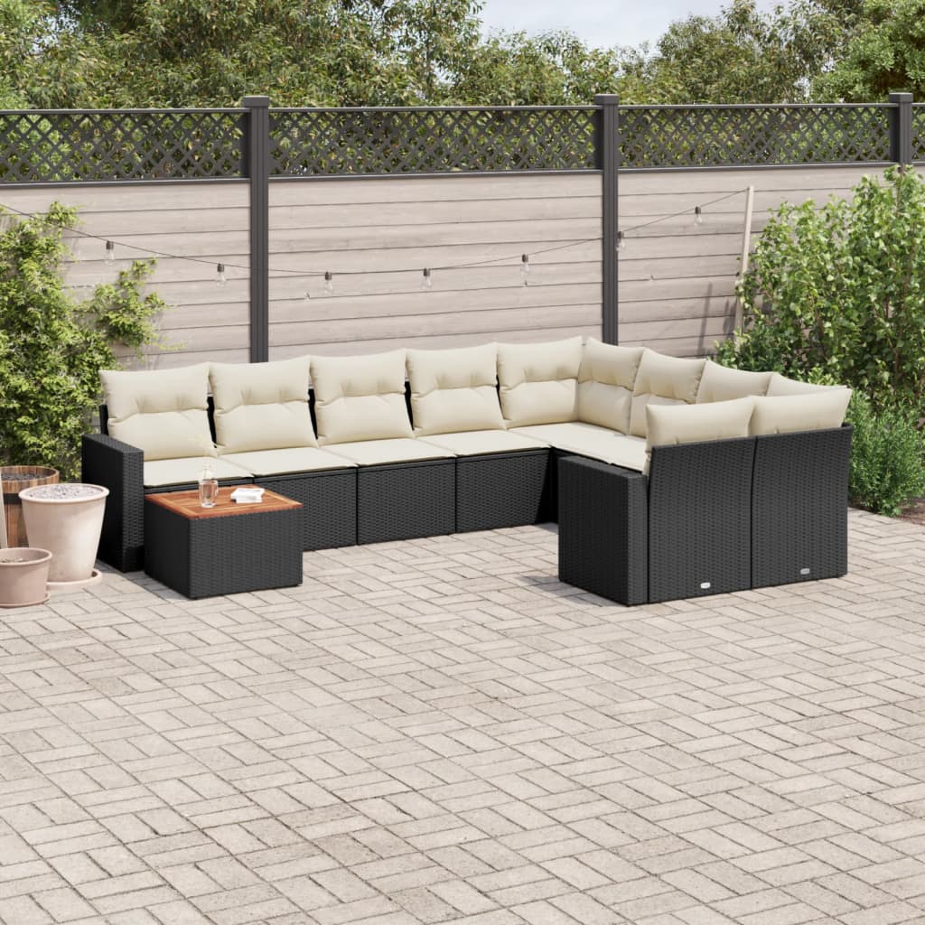 Set Divani da Giardino 10pz con Cuscini in Polyrattan Nero