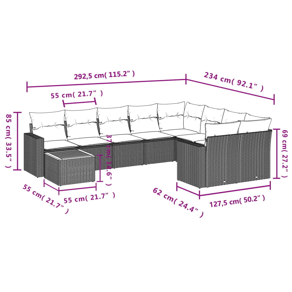 Set Divano da Giardino 10 pz con Cuscini Grigio in Polyrattan