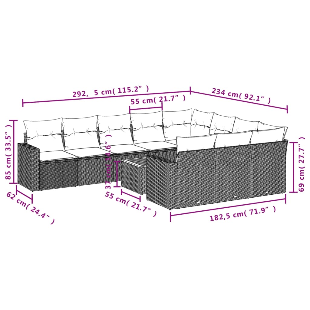 Set Divani da Giardino 11 pz con Cuscini in Polyrattan Grigio