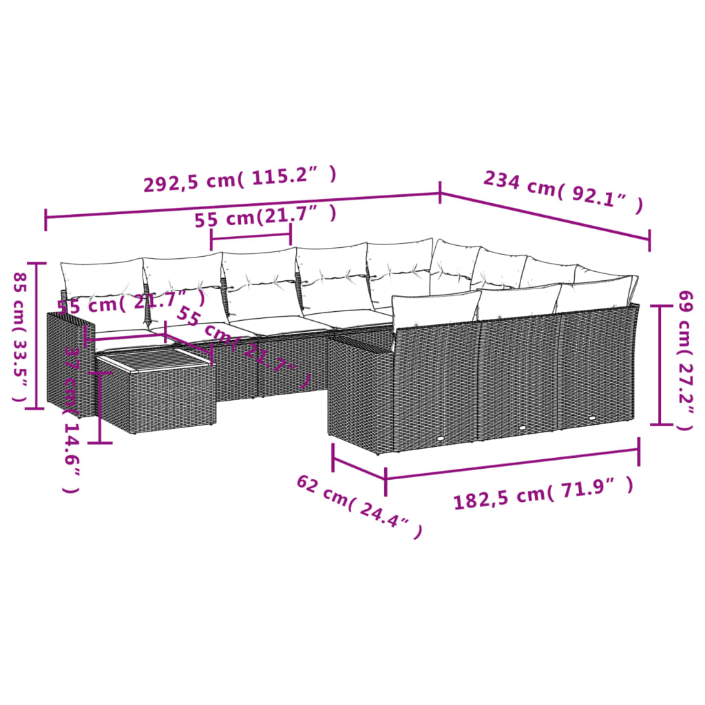 Set Divani da Giardino 11 pz con Cuscini in Polyrattan Nero