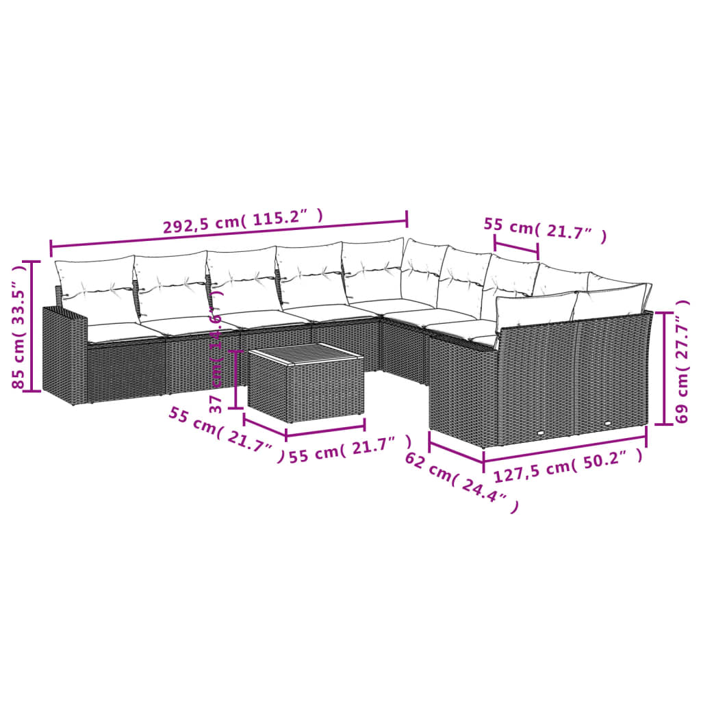 Set Divani da Giardino 11 pz con Cuscini in Polyrattan Nero