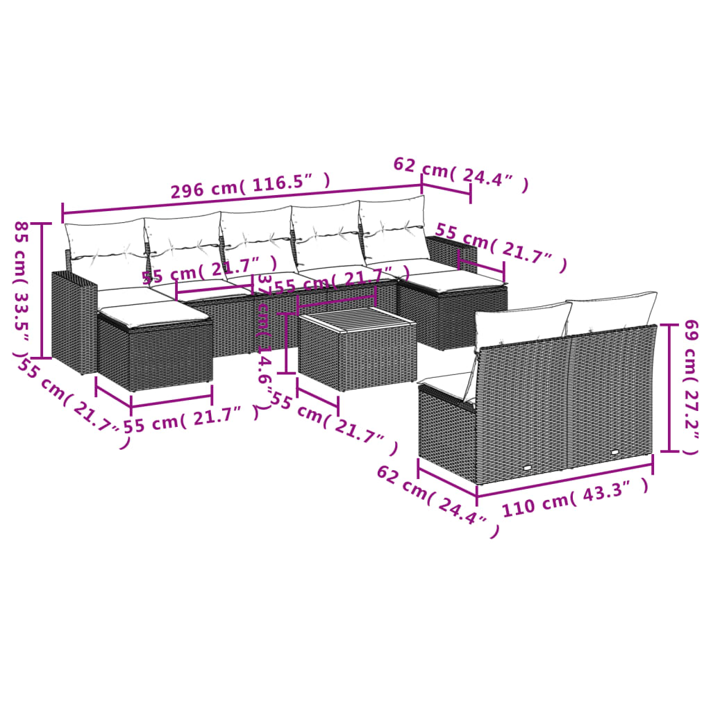 Set Divano da Giardino 10 pz con Cuscini Grigio in Polyrattan