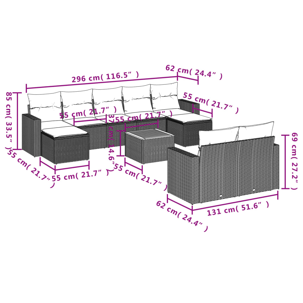 Set Divano da Giardino 10 pz con Cuscini Grigio in Polyrattan