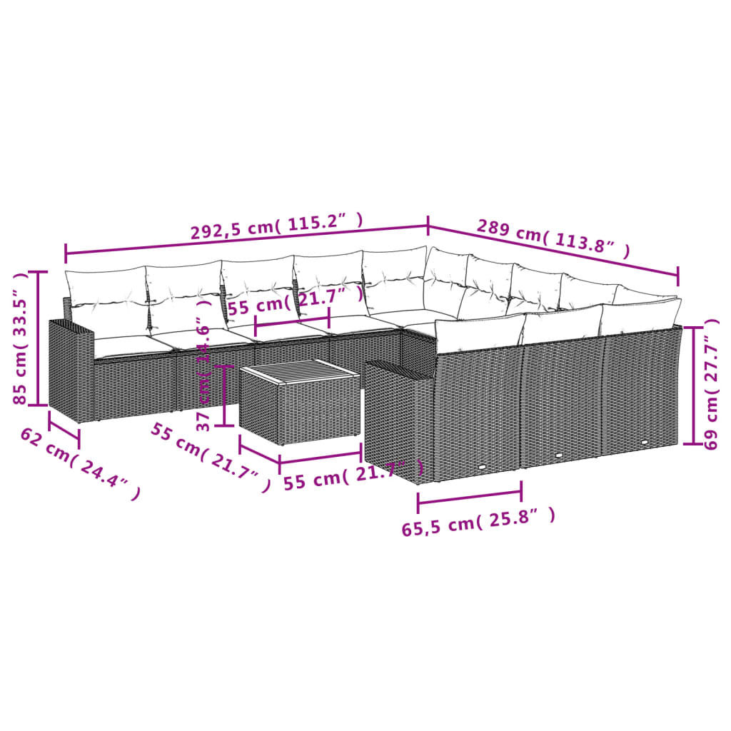 Set Divani da Giardino 12 pz con Cuscini Grigio in Polyrattan