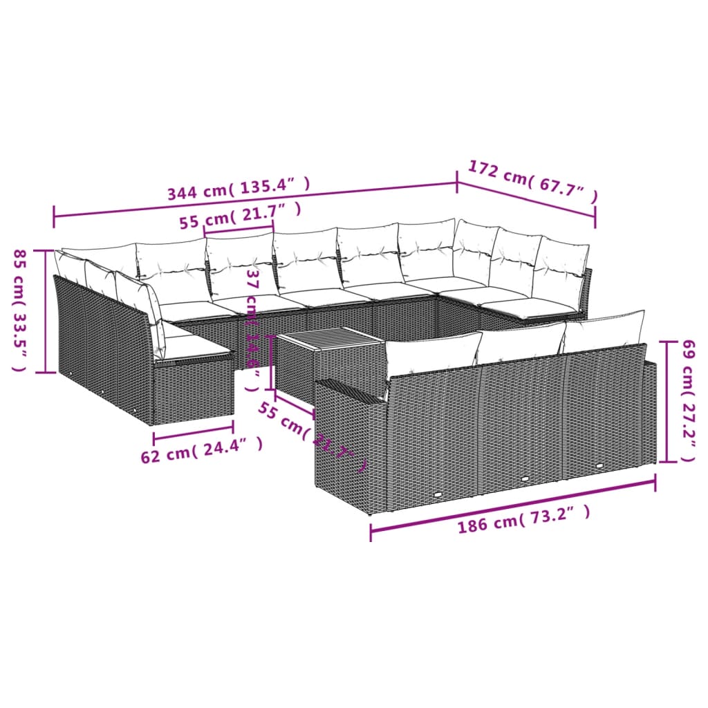 Set Divani da Giardino 14pz con Cuscini in Polyrattan Nero