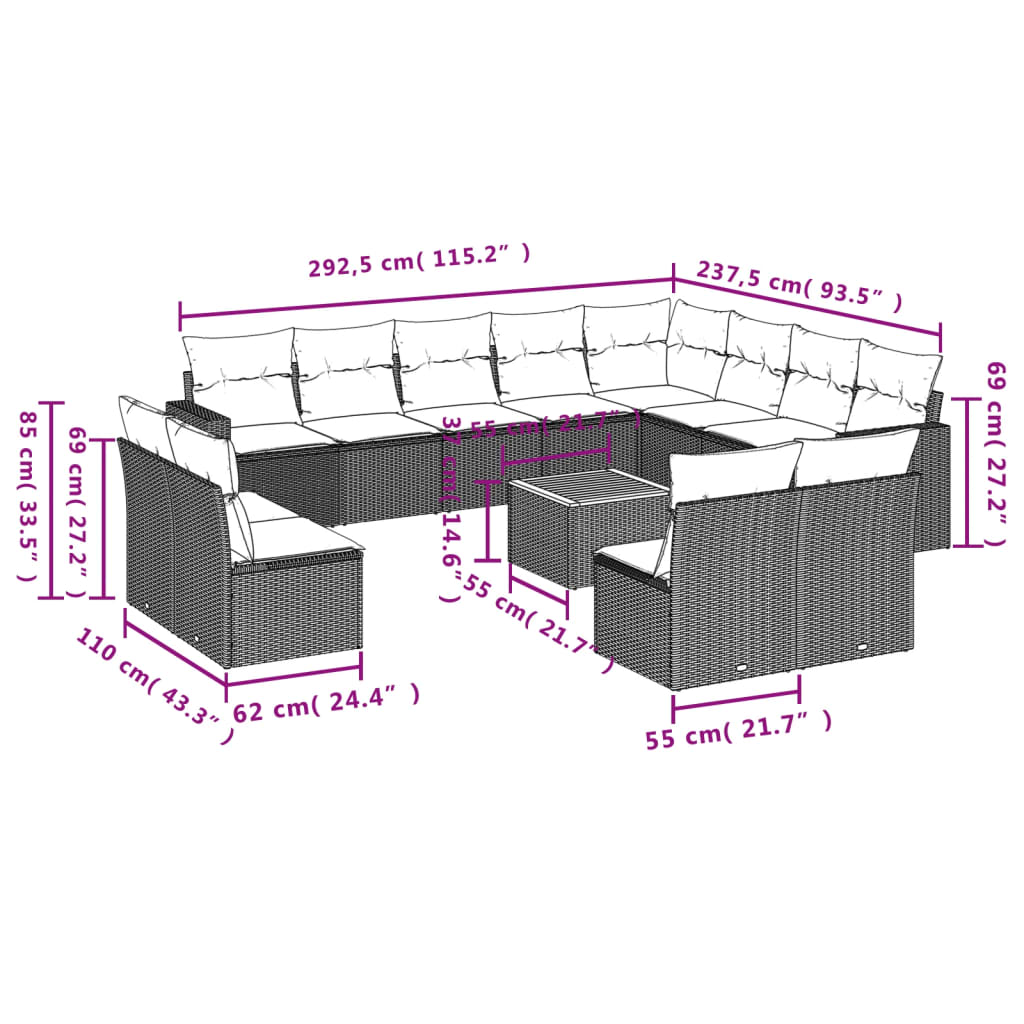 Set Divani da Giardino 13 pz con Cuscini Grigio in Polyrattan