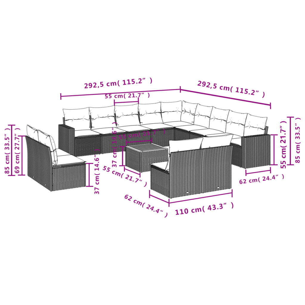 Set Divani da Giardino 14pz con Cuscini in Polyrattan Grigio