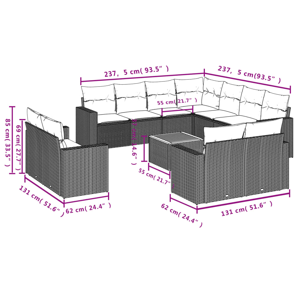 Set Divani da Giardino 12 pz con Cuscini Grigio in Polyrattan