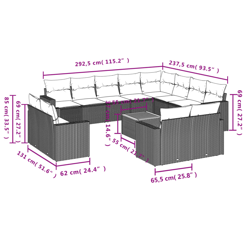 Set Divani da Giardino 13pz con Cuscini Nero in Polyrattan