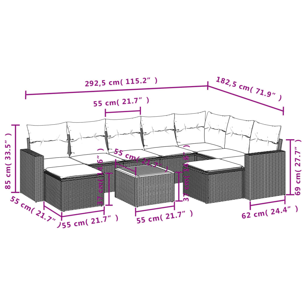 Set Divani da Giardino 10pz con Cuscini in Polyrattan Nero