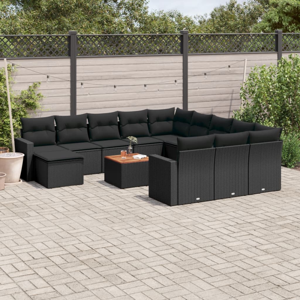 Set Divani da Giardino 13pz con Cuscini Nero in Polyrattan