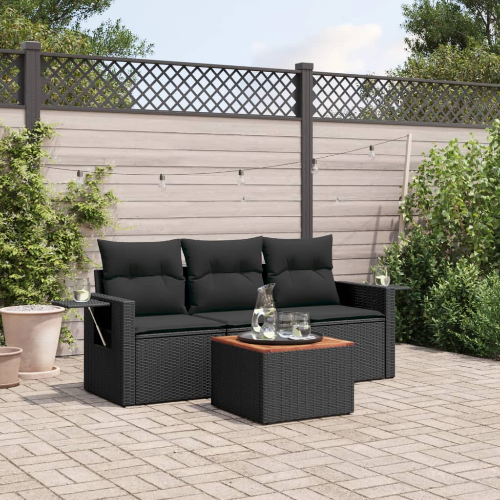 Set Divani da Giardino 4 pz con Cuscini Nero in Polyrattan