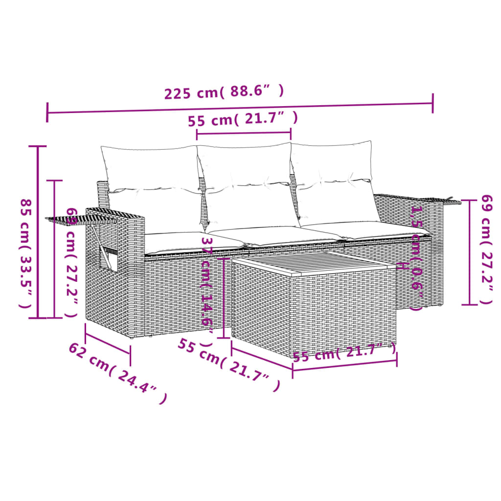 Set Divani da Giardino 4 pz con Cuscini in Polyrattan Grigio