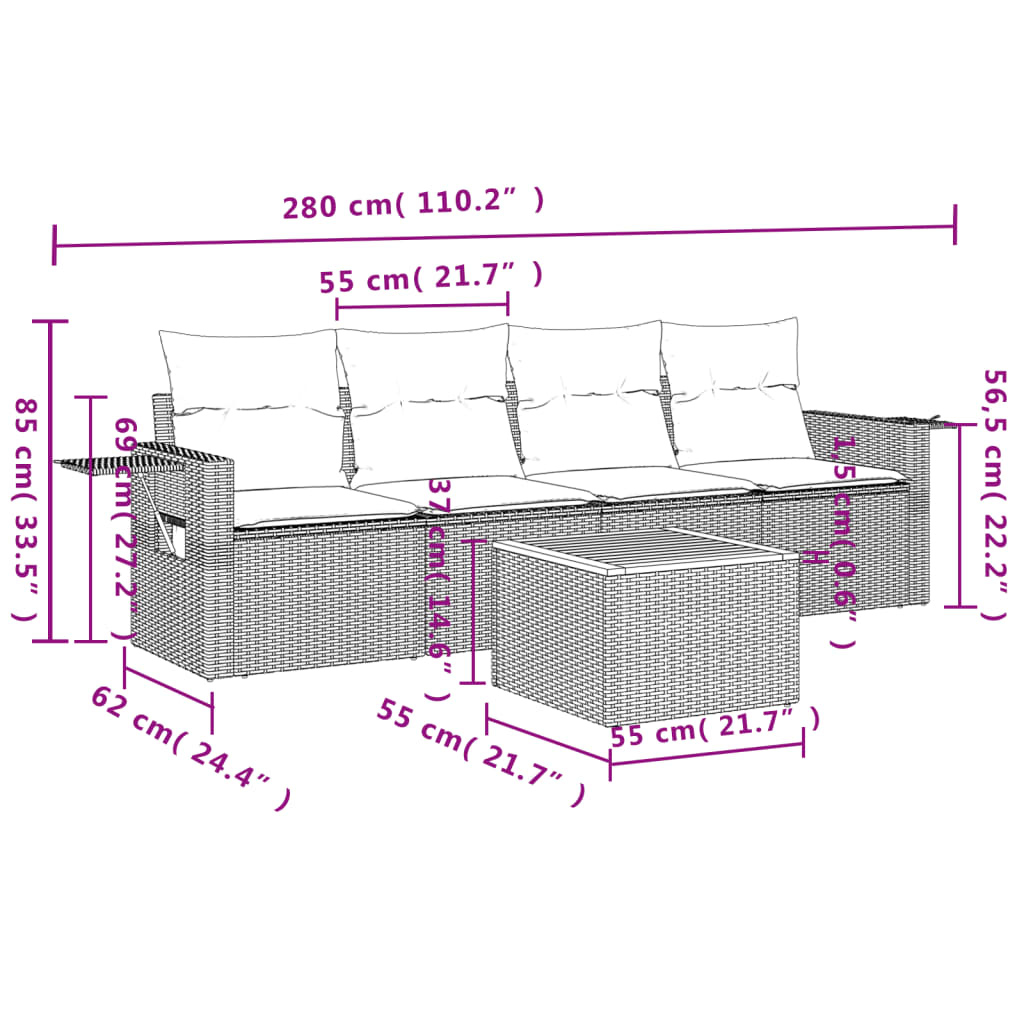 Set Divani da Giardino 5 pz con Cuscini in Polyrattan Nero