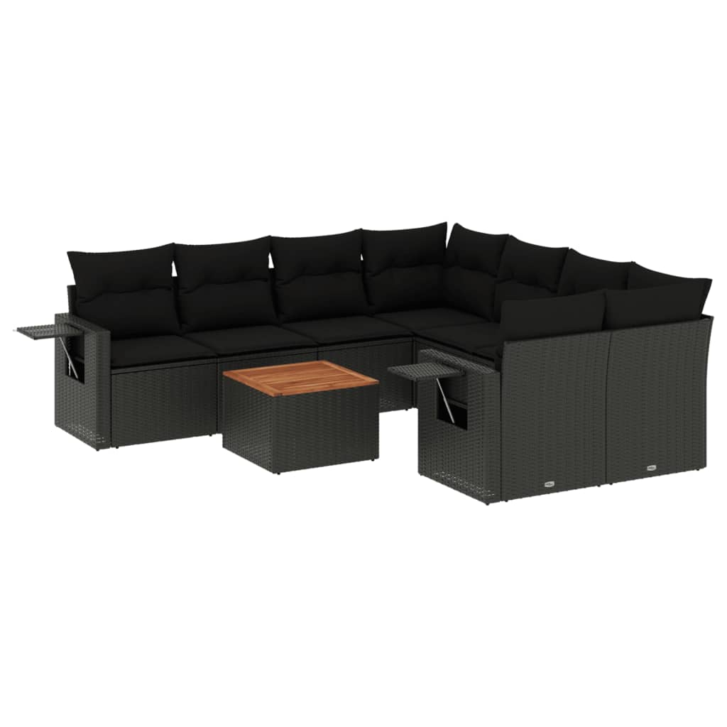 Set Divani da Giardino 9 pz con Cuscini Nero in Polyrattan