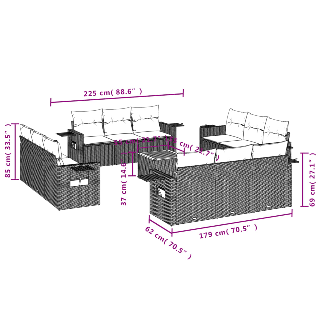 Set Divani da Giardino 13 pz con Cuscini Grigio in Polyrattan