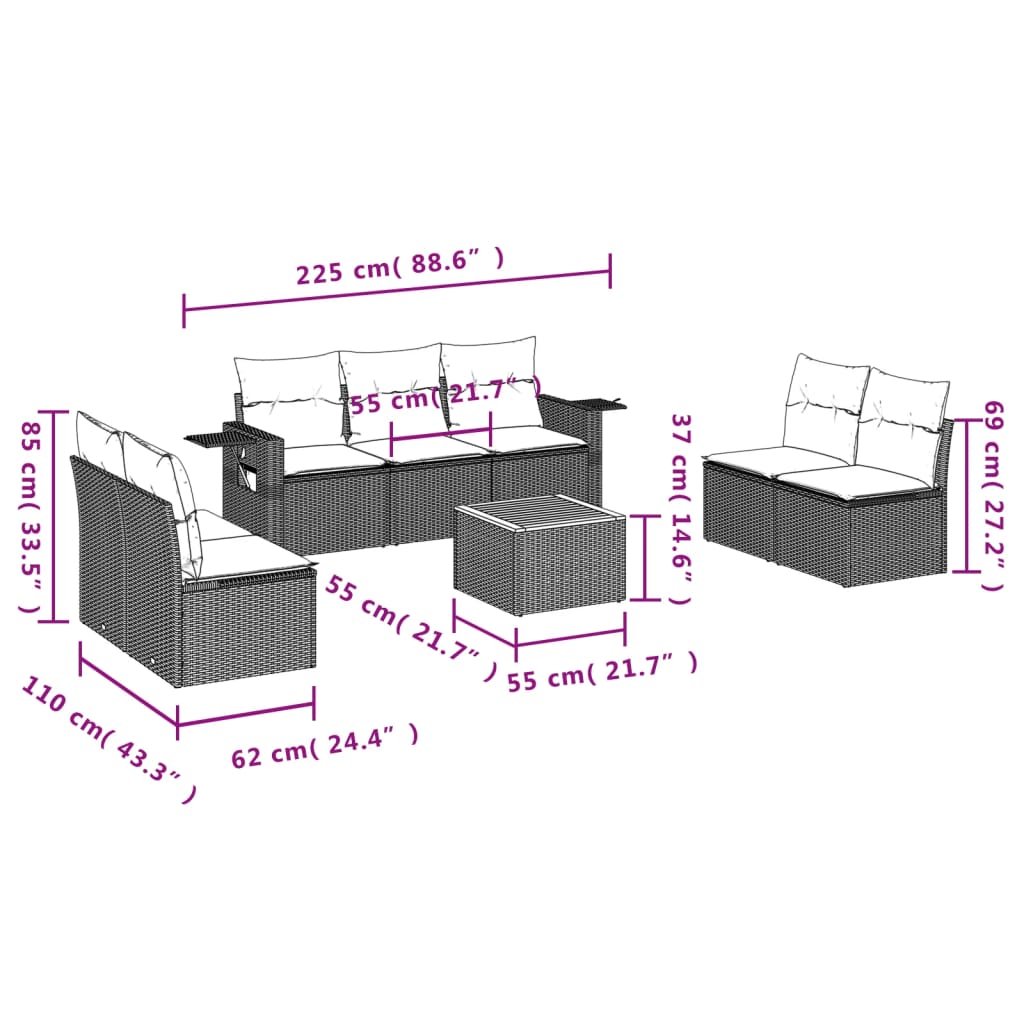 Set Divano da Giardino 8 pz con Cuscini Grigio in Polyrattan