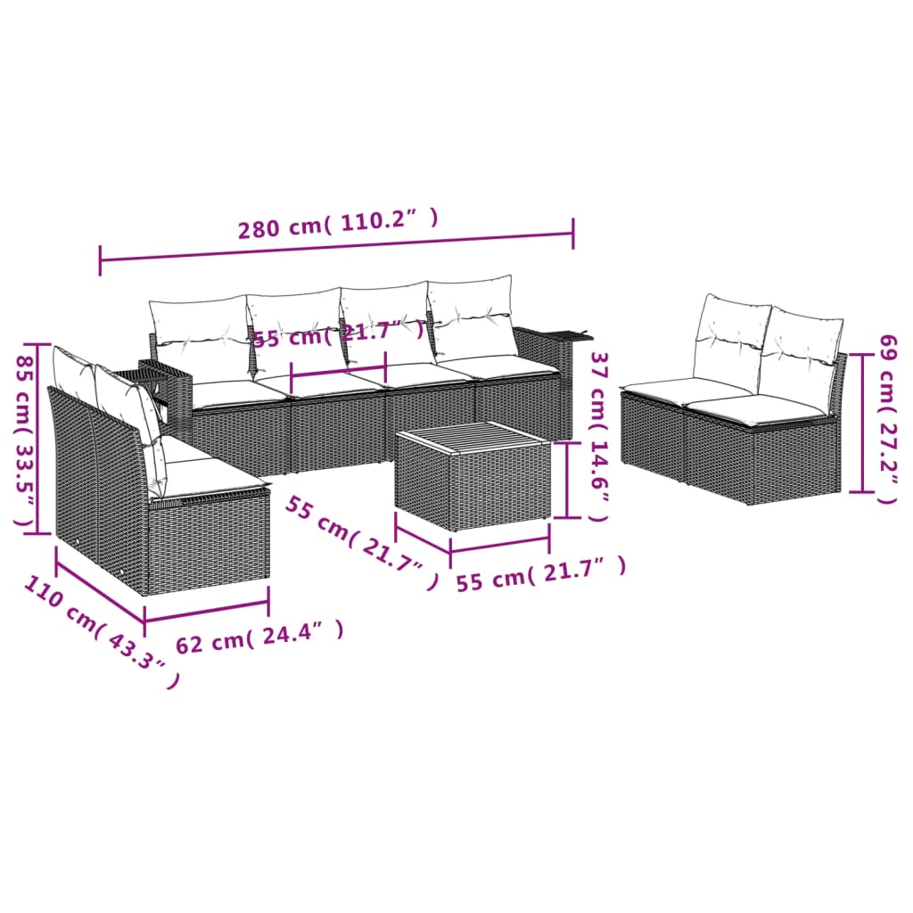 Set Divano da Giardino 9 pz con Cuscini Grigio in Polyrattan