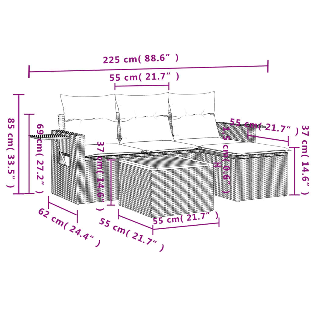 Set Divano da Giardino 5 pz con Cuscini Grigio in Polyrattan