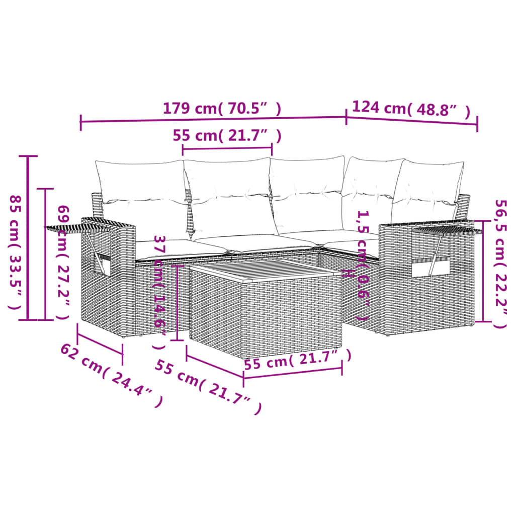 Set Divano da Giardino 5 pz con Cuscini Grigio in Polyrattan