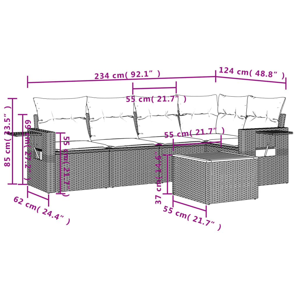 Set Divano da Giardino 6 pz con Cuscini Grigio in Polyrattan