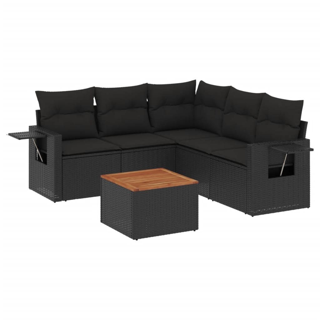 Set Divano da Giardino 6 pz con Cuscini Nero in Polyrattan