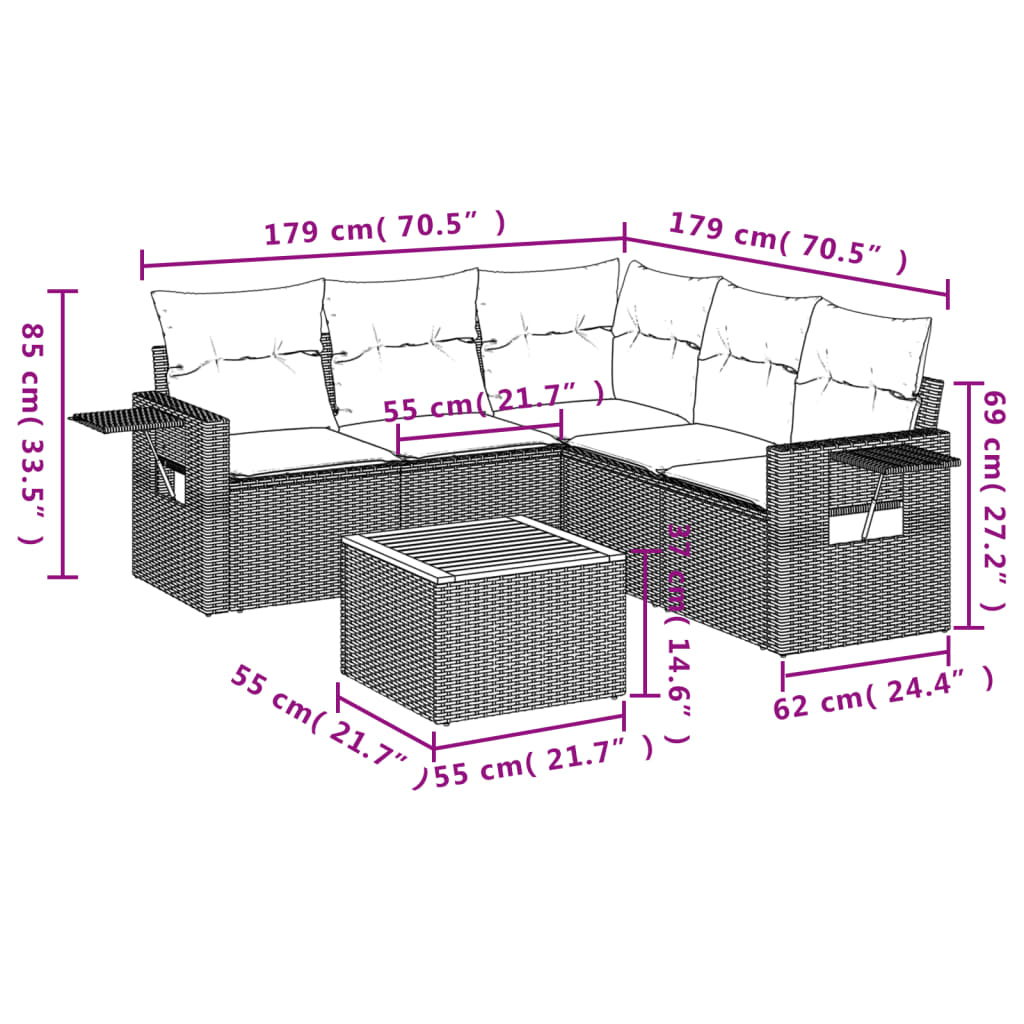 Set Divano da Giardino 6 pz con Cuscini Nero in Polyrattan