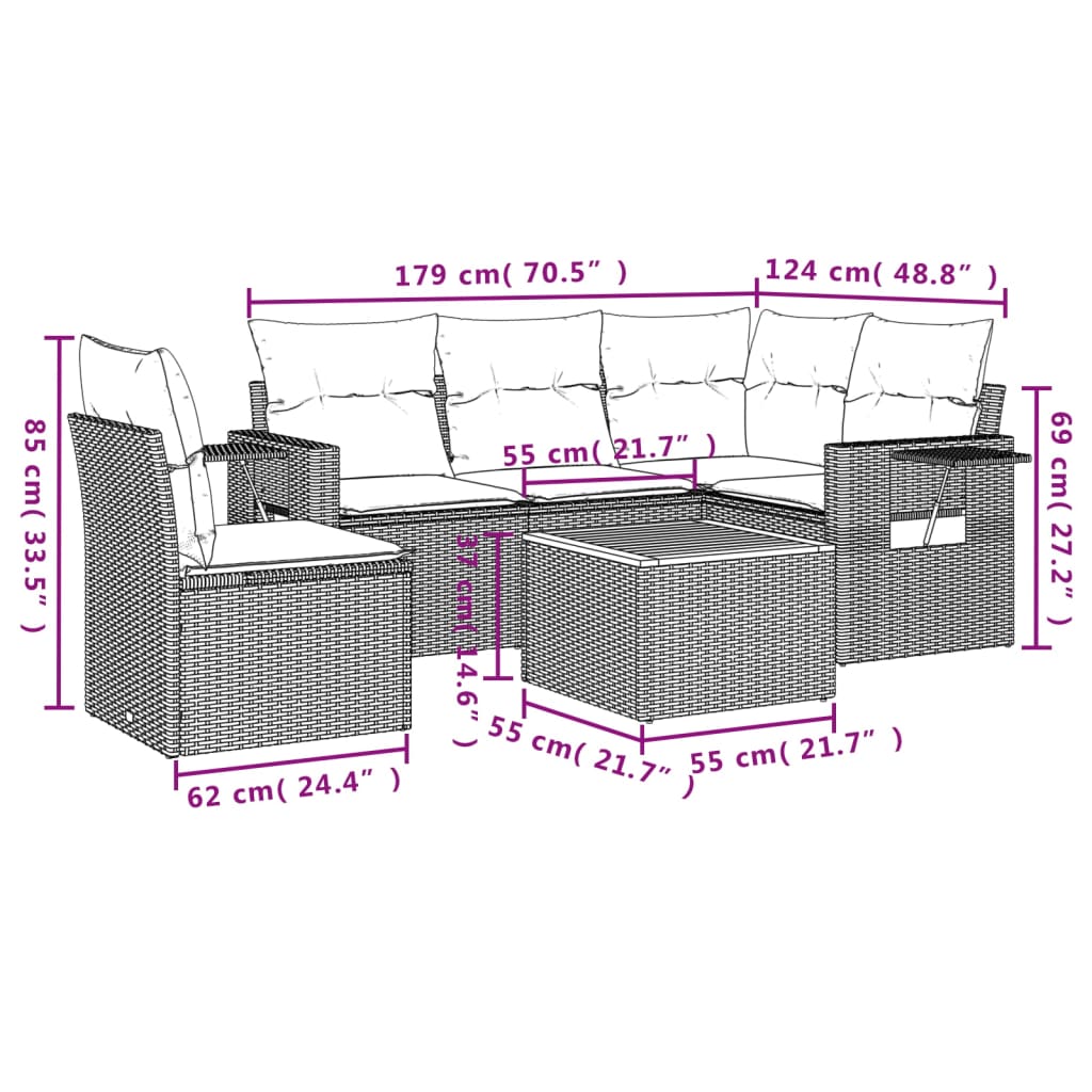 Set Divano da Giardino 6 pz con Cuscini Nero in Polyrattan