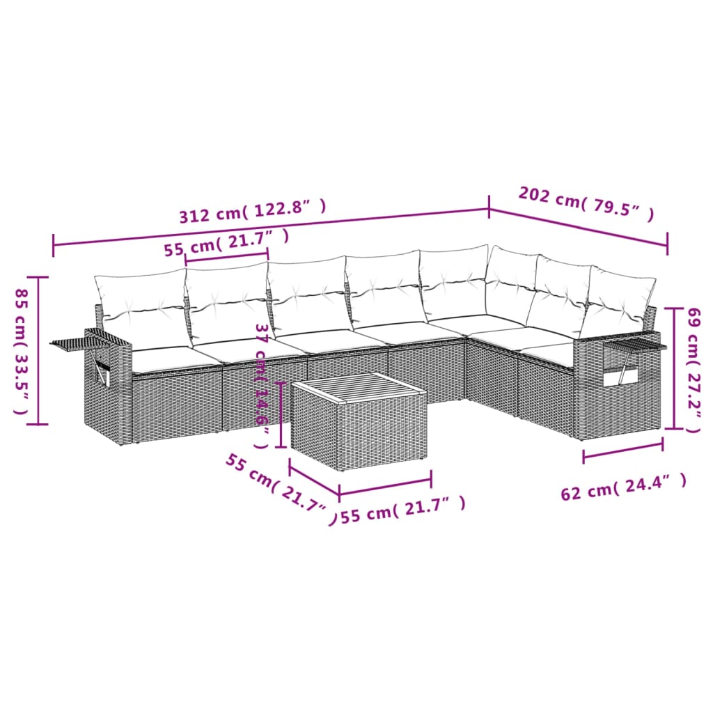 Set Divani da Giardino con Cuscini 8 pz Nero in Polyrattan