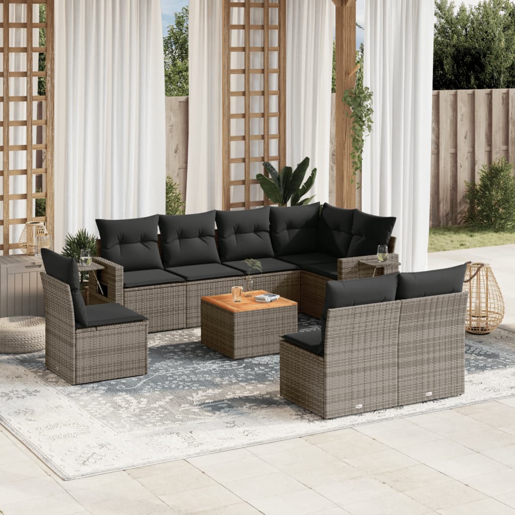 Set Divano da Giardino 9 pz con Cuscini Grigio in Polyrattan