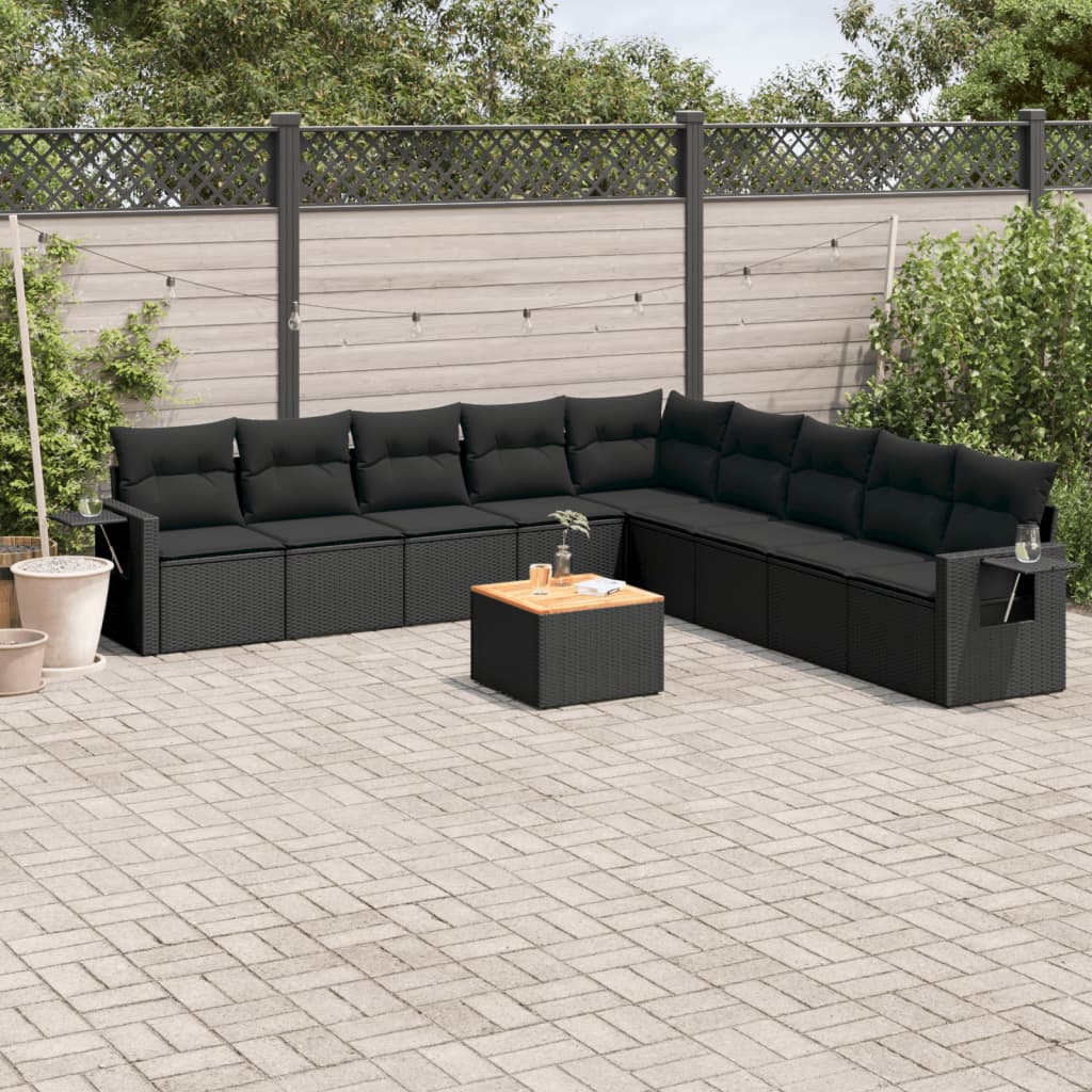 Set Divani da Giardino 10pz con Cuscini in Polyrattan Nero