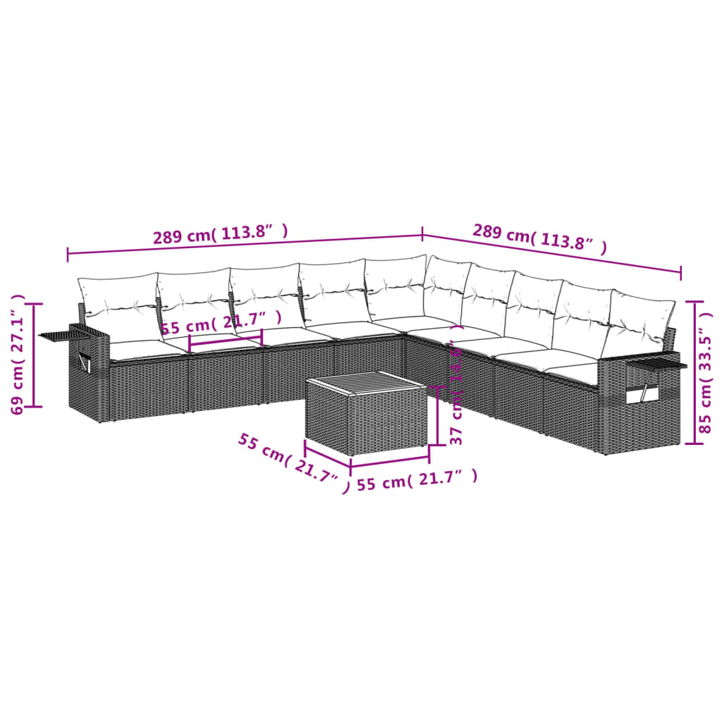 Set Divani da Giardino 10pz con Cuscini in Polyrattan Nero