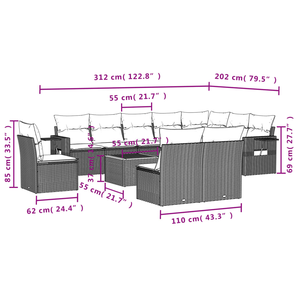 Set Divani da Giardino 11 pz con Cuscini in Polyrattan Nero