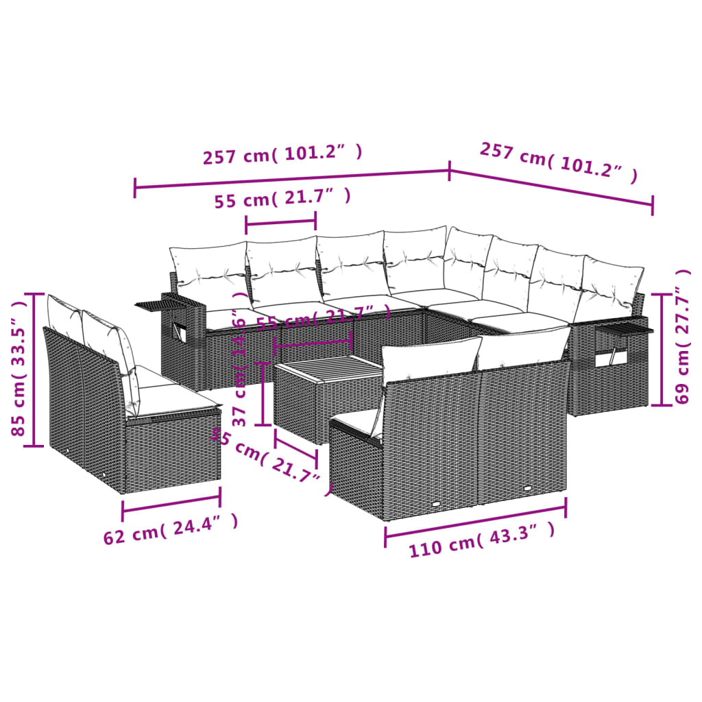 Set Divani da Giardino 12 pz con Cuscini Nero in Polyrattan