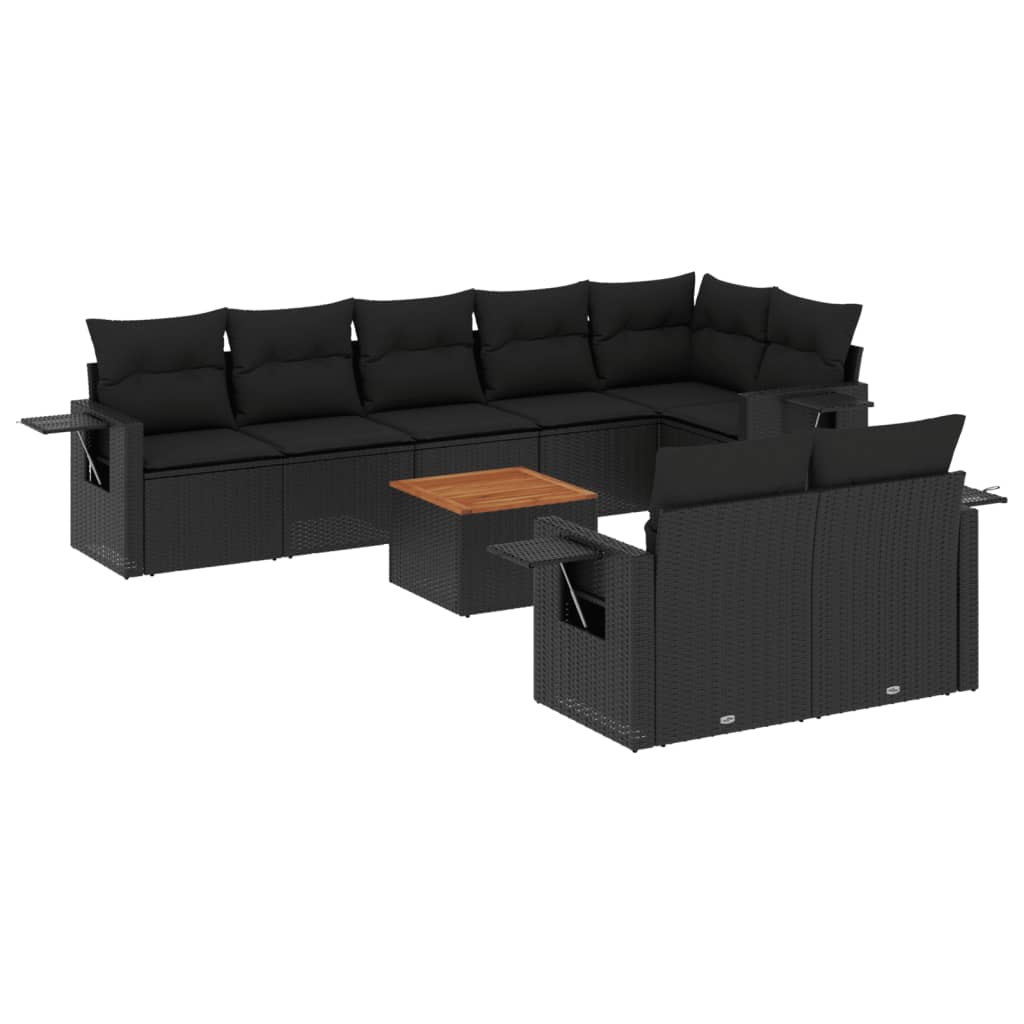 Set Divani da Giardino 9 pz con Cuscini Nero in Polyrattan