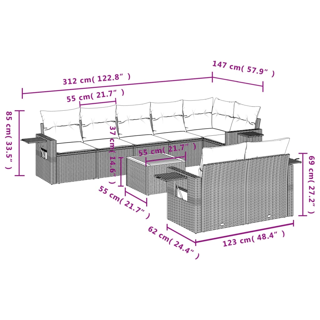 Set Divani da Giardino 9 pz con Cuscini Nero in Polyrattan