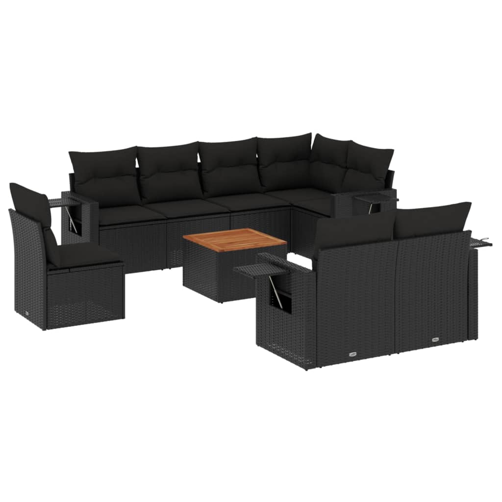 Set Divani da Giardino 9 pz con Cuscini Nero in Polyrattan