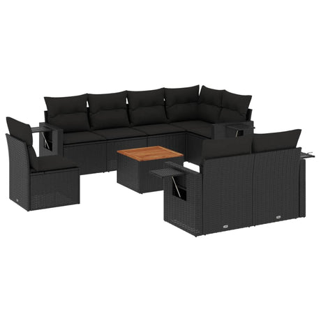 Set Divani da Giardino 9 pz con Cuscini Nero in Polyrattan