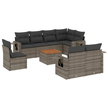 Set Divano da Giardino 9 pz con Cuscini Grigio in Polyrattan