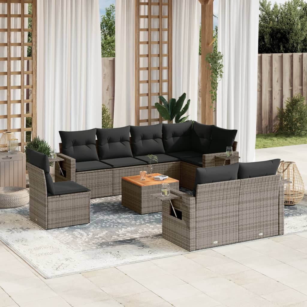 Set Divano da Giardino 9 pz con Cuscini Grigio in Polyrattan