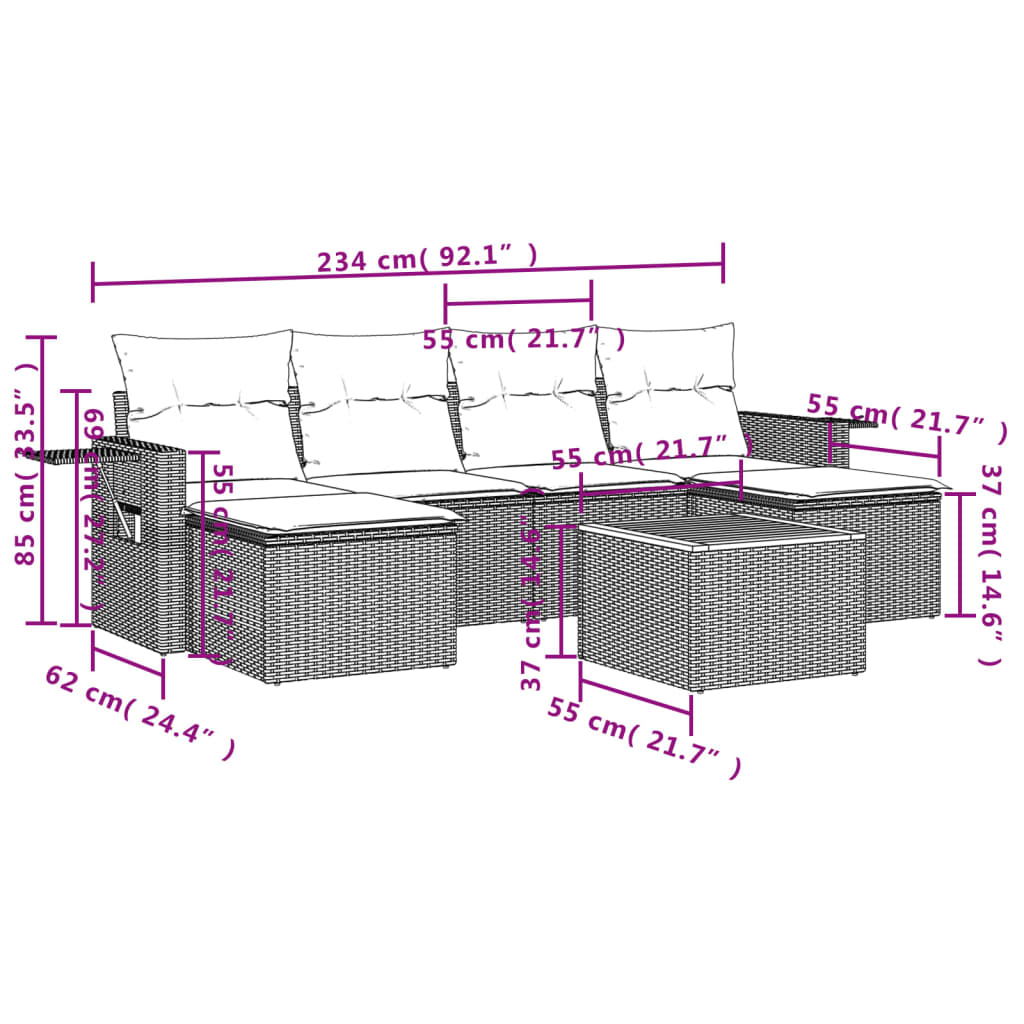 Set Divani da Giardino con Cuscini 7pz Nero Polyrattan