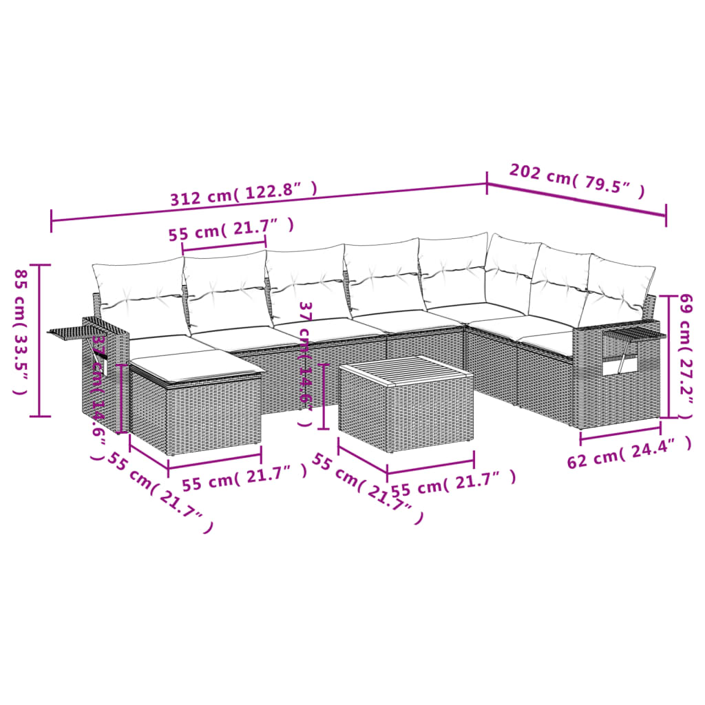 Set Divani da Giardino 9 pz con Cuscini Nero in Polyrattan