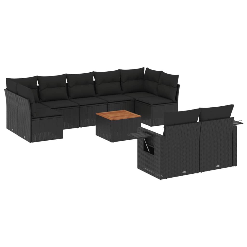 Set Divani da Giardino 10pz con Cuscini in Polyrattan Nero