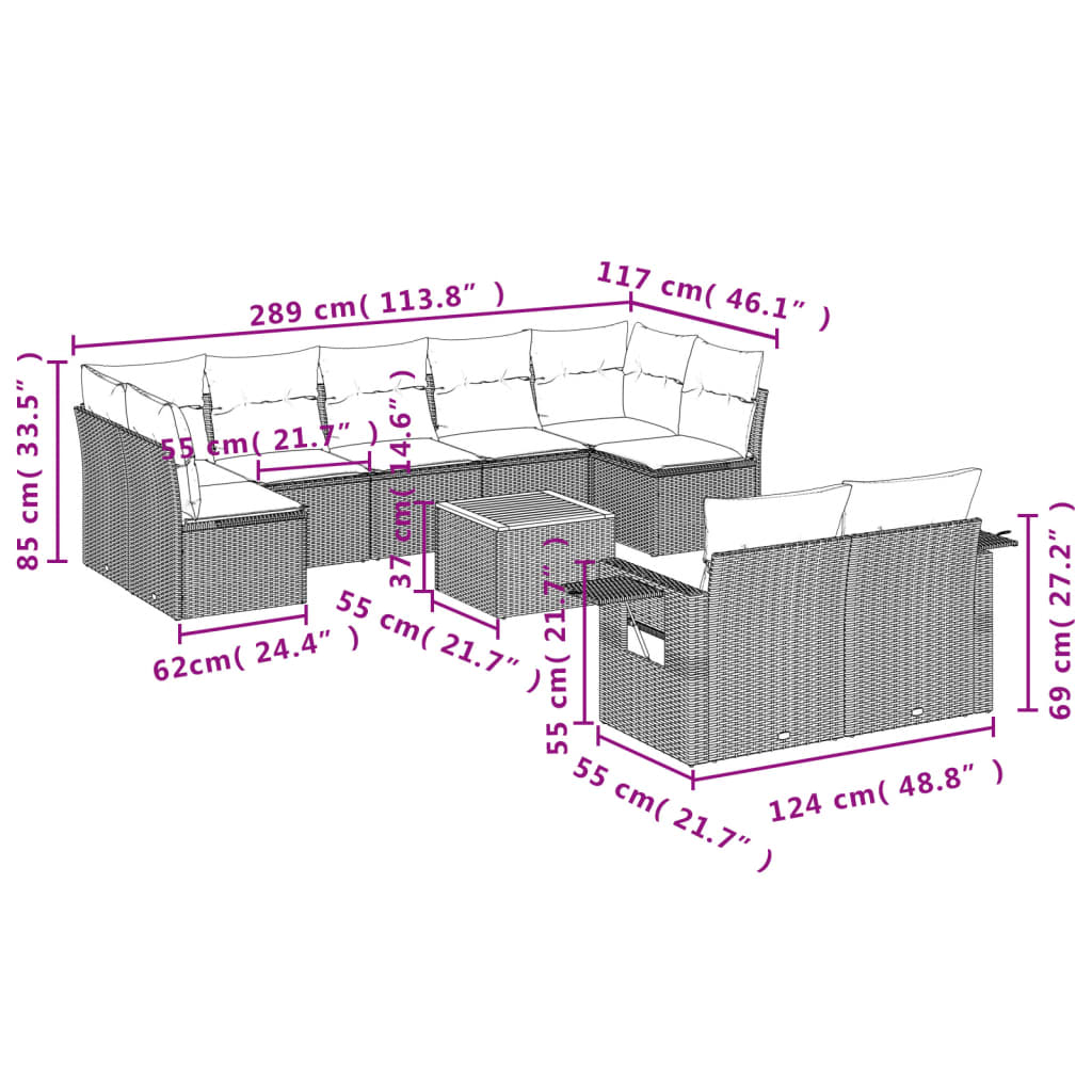 Set Divani da Giardino 10pz con Cuscini in Polyrattan Nero