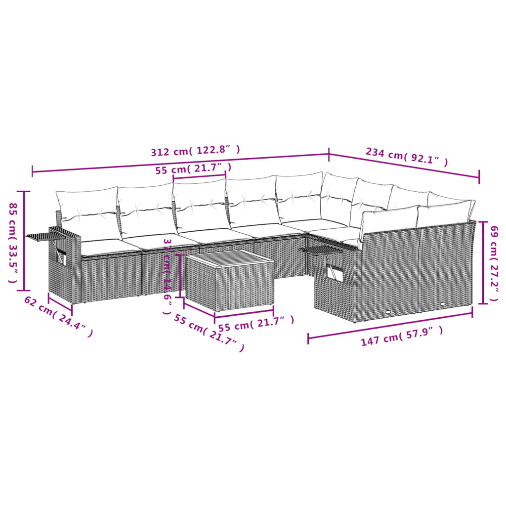 Set Divani da Giardino 10pz con Cuscini in Polyrattan Nero