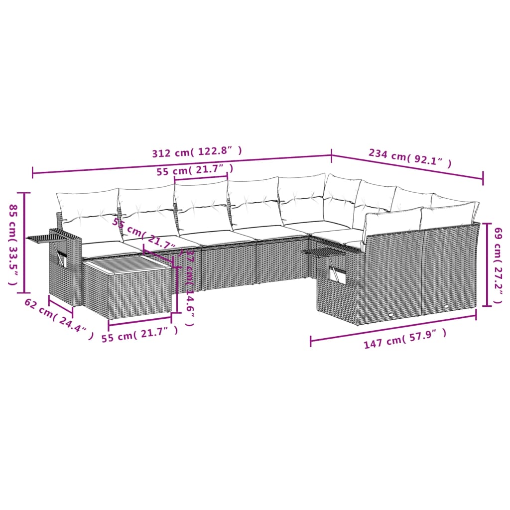 Set Divani da Giardino 10pz con Cuscini in Polyrattan Nero